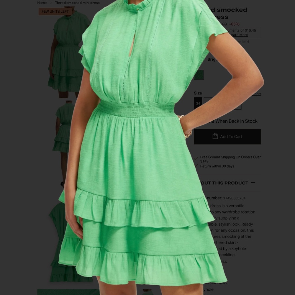 Scotch & Soda Green Tiered Smocked Mini Dress Size 42